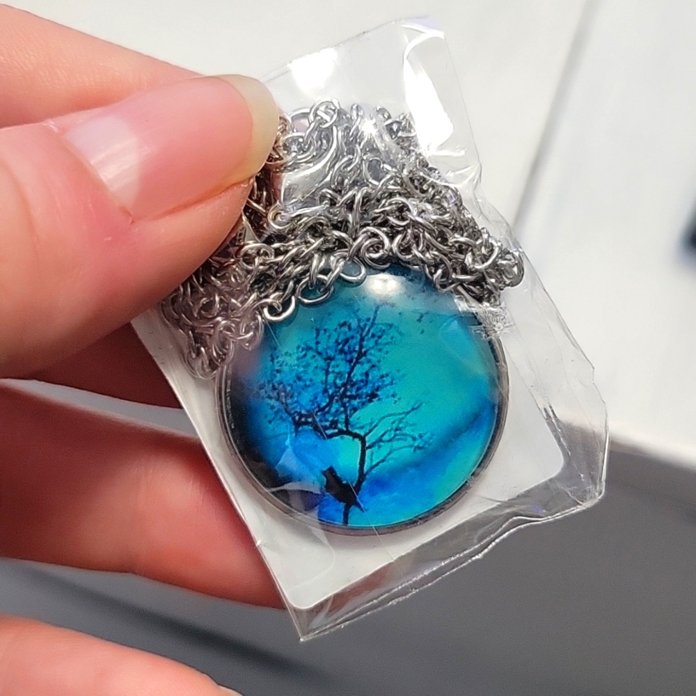 Tree, Cat & Night Sky Glass Cobachon Stainless Steel Necklace